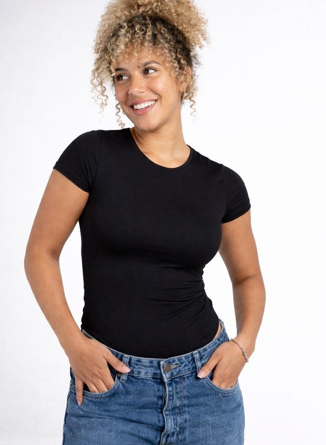 Women's Black Boat neck short sleeve bodysuit